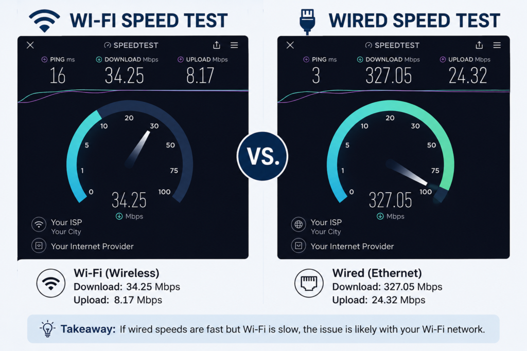 Screenshot comparison of Wi-Fi speed test results versus wired Ethernet speed test results